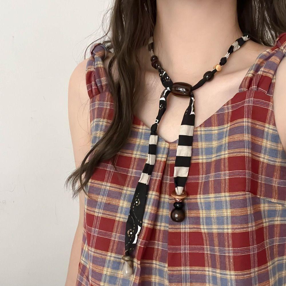 Strip Cloth Chain Necklace Multicolor Bohemian Choker Retro Wood Bead Necklace  Gift