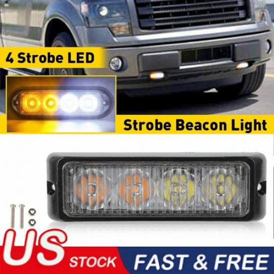 4 LED Amber/White Car Truck Beacon Strobe Flash Warning Light 12V