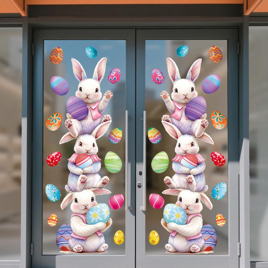 Easter Stacking Bunnies with Eggs Static Cling Window Stickers for Fridge Glass Decoration Easter Party Home Decor