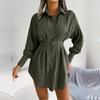 Women Autumn Winter High Waist Asymmetric Dress Shirt Solid Color Lantern Sleeve Lapel Neck Dress