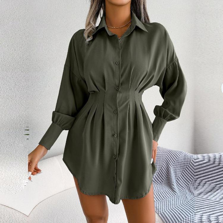 Women Autumn Winter High Waist Asymmetric Dress Shirt Solid Color Lantern Sleeve Lapel Neck Dress