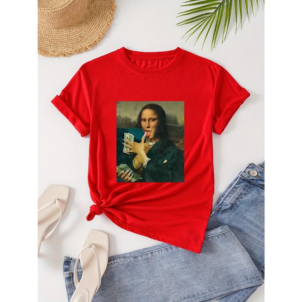 Women's Black Humorous Mona Lisa Money Bills Graphic Casual Short Sleeve Summer Short Sleeved