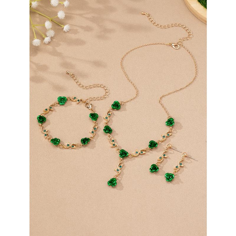 

Retro girl super fairy rose flower necklace gentle girlish temperament versatile bracelet earrings woman зелёный