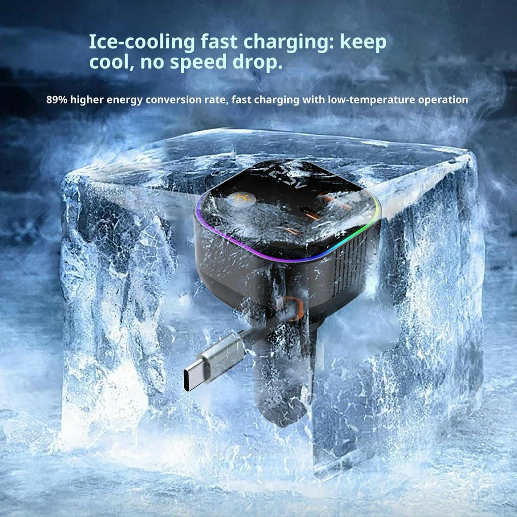 GE03 Voltage Display Car Charger with Retractable Cable and Ambient Light PD 65W Fast Charging Adapter