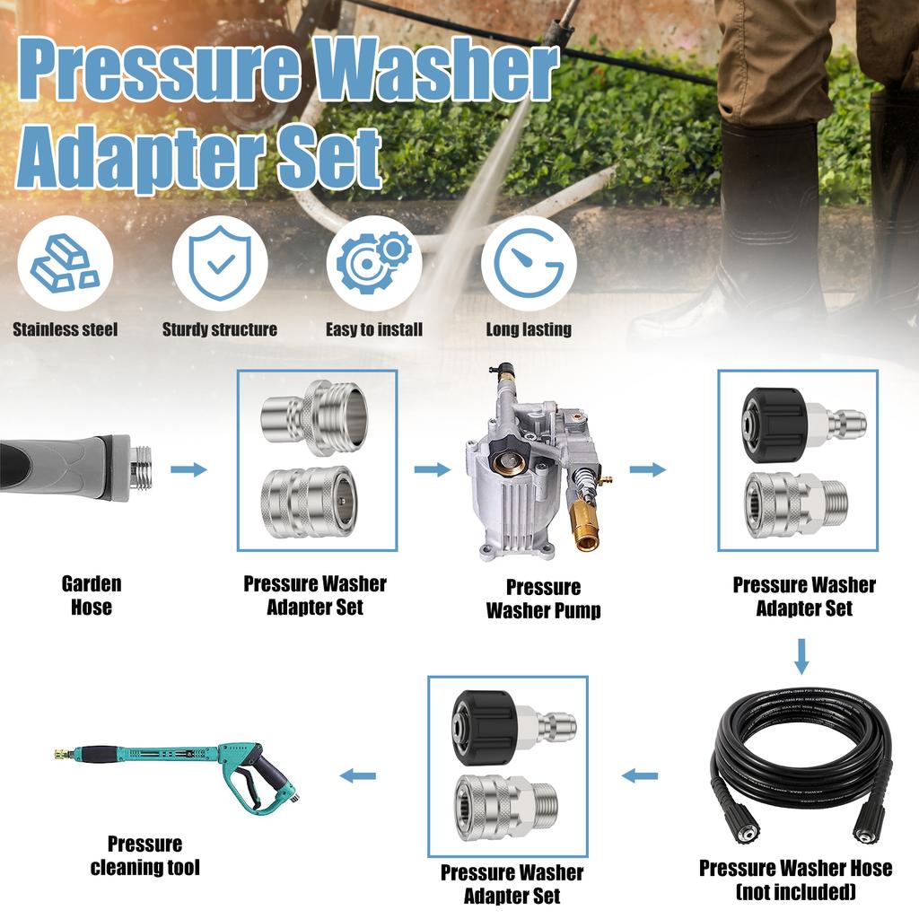 10Pcs Pressure Washer Adapter Set Stainless Steel Quick Connect Fitting M22-14 To 3/8inch Quick Disconnect Kit