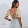 European and American Women's Clothing Spring and Summer New Square Neck Lantern Sleeves Solid Color Backless Straps T-shirt Casual Short Top Women