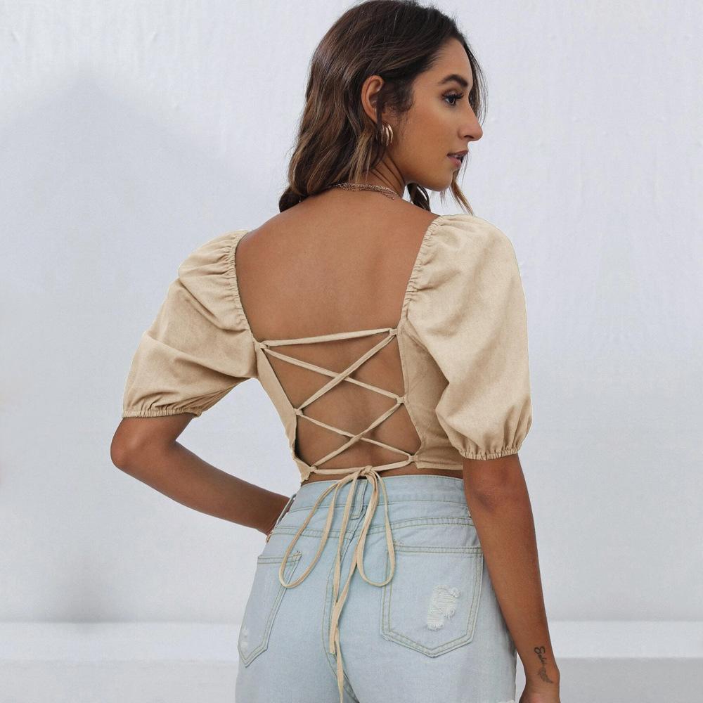 European and American Women's Clothing Spring and Summer New Square Neck Lantern Sleeves Solid Color Backless Straps T-shirt Casual Short Top Women