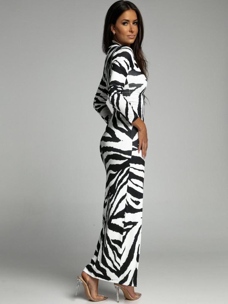 Damen Leopardenmuster Langarm Schlitz Abendkleid