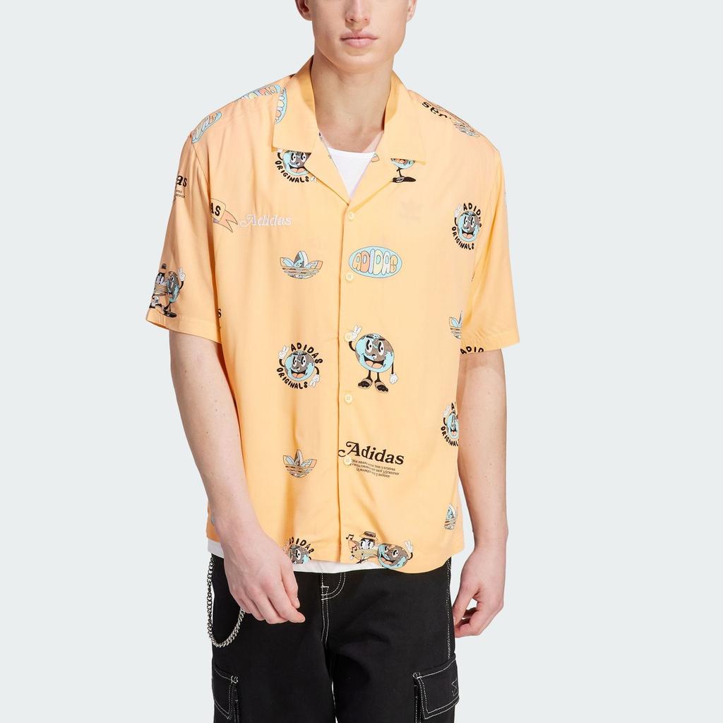 Adidas Originals Enjoy Resort Shirt Full Print Cartoon Sports Short Sleeve Men Shirts Acid-Orange-Yellow IT8178