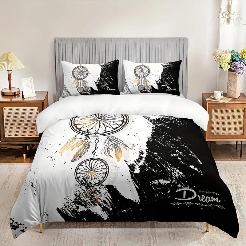 Dreamcatcher Quilt Cover Collection Black And White Sleep Bedding Collection Plush Quilt Cover For Bedroom Guest Room (1*Quilt Cover+2*Pillowcase)