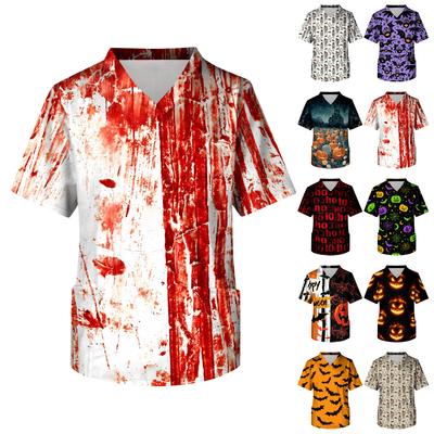 Men's Halloween Print V Neck Medical Scrub Top with Chest Pocket Short Sleeve Lightweight Comfortable Work Shirt for Healthcare Professionals