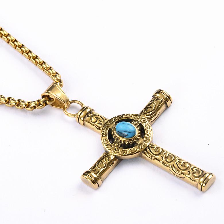 Retro Natürliche Blaue Türkise Kreuz Anhänger Halskette Herren Vintage 316L Edelstahl Religiös Jesus Kruzifix Männlicher Schmuck