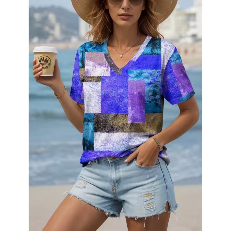 Women's T-Shirts 3D Geometric Color Blocks Graphics Fashion Short Sleeved V-Neck Regular Tops Daily Prints Tee Summer Casual Tops