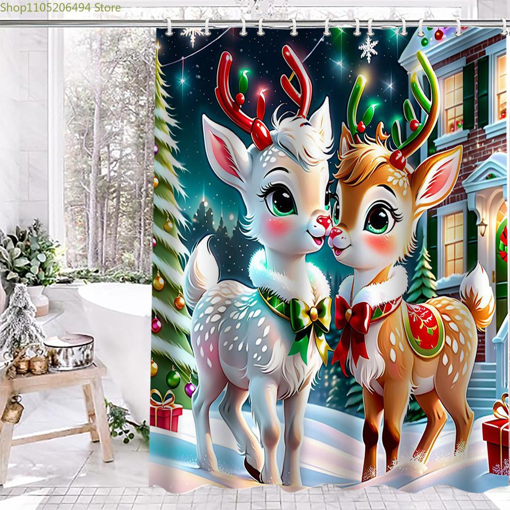 Christmas Tree Reindeer Bathing Curtain  Bathroom Shower Curtain Waterproof With 12 Hooks Fishes Home Deco Free Ship