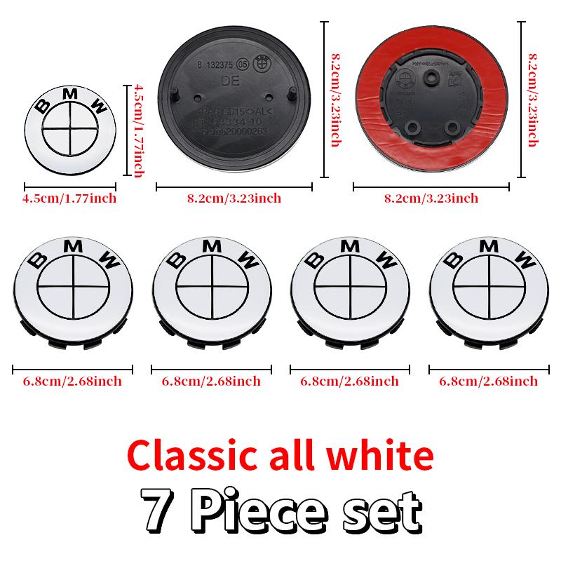 7Pcs Car Front Hood Emblem Wheel Hub Caps All White Logo For BMW M Logo G30 G31 G38 G11 G12 G20 G28 F10 F48 F49 G01 F20 F21 F22
