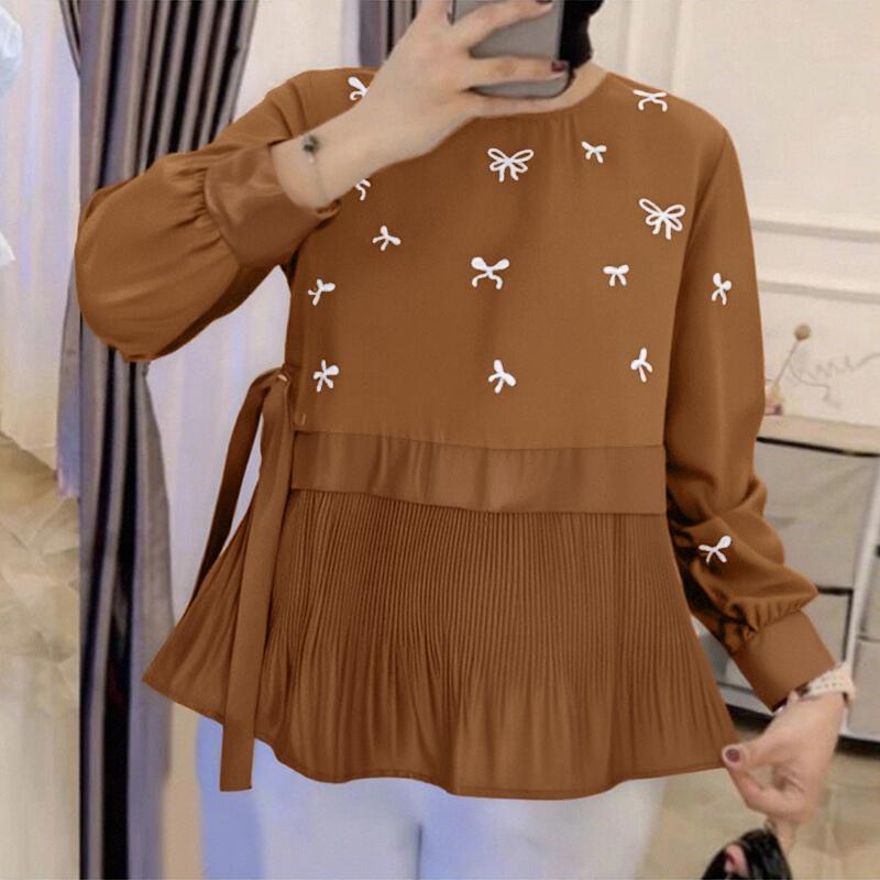 

ZANZEA Женская повседневная блузка с круглым вырезом, длинным рукавом, принтом и плиссировкой 3XL