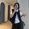 Retro mørkeblå denimvest i koreansk stil med rund hals - Kvinners petite ermeløs mote for vår og høst