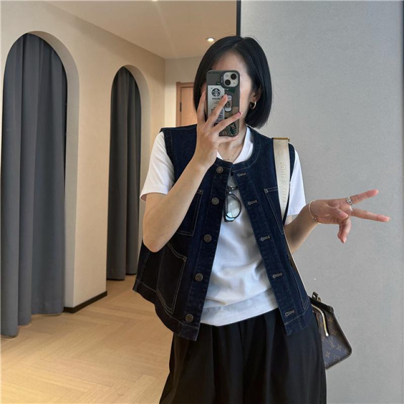 Korean Style Retro Dark Blue Round Neck Denim Vest - Women's Petite Sleeveless Fashion for Spring & Autumn