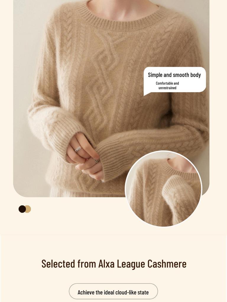 Women's Cashmere Cable Knit Sweater: Round Neck, Thickened, Versatile Autumn/Winter Casual Fashion