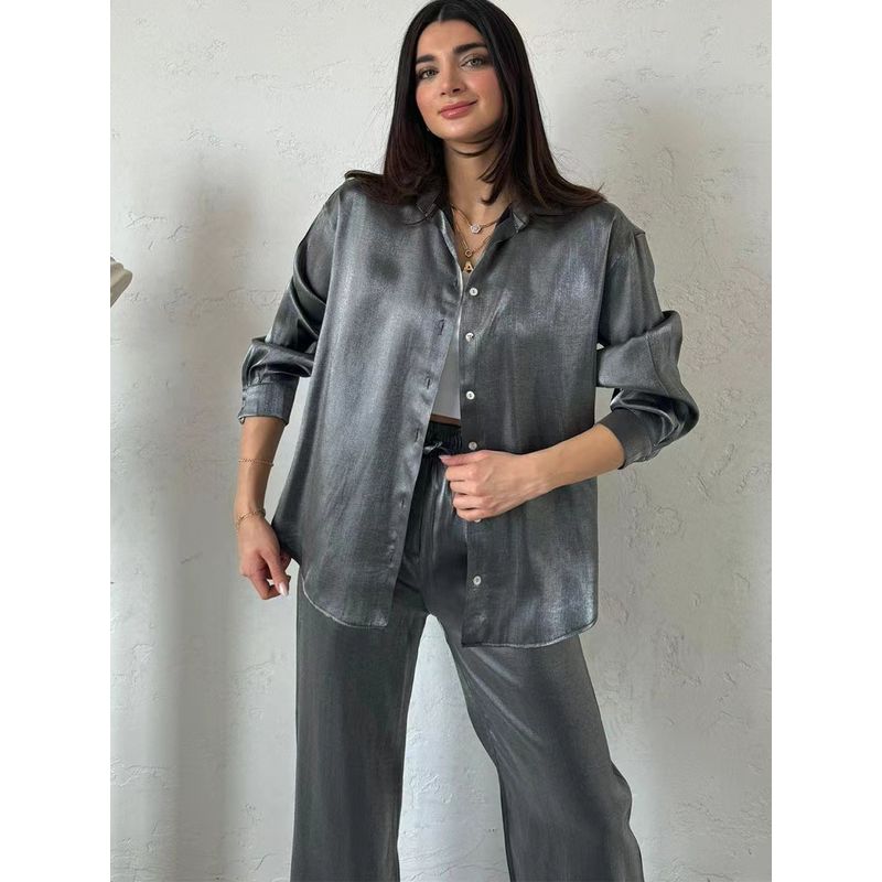 Fashion Style New Fashion Casual Shiny Silk Shirt High Waist Pants Suit Shirt and Pants Set