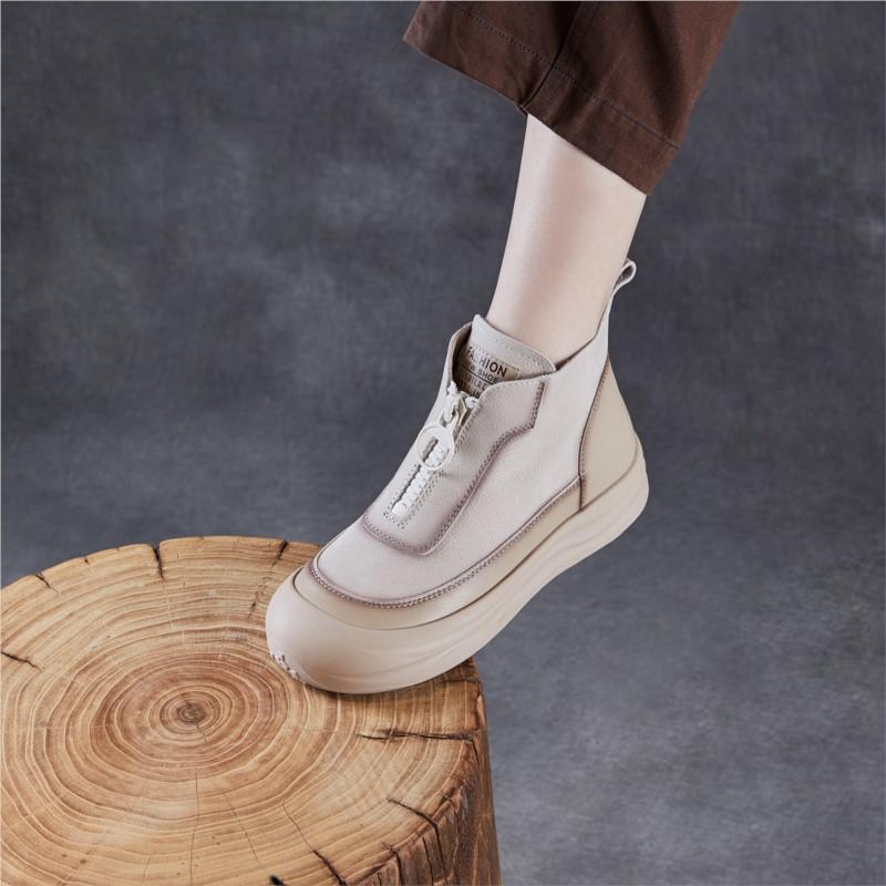 Johnature Genuine Leather Retro Thick Soled Short Boots With Front Zipper Casual Flat Platform Shoes