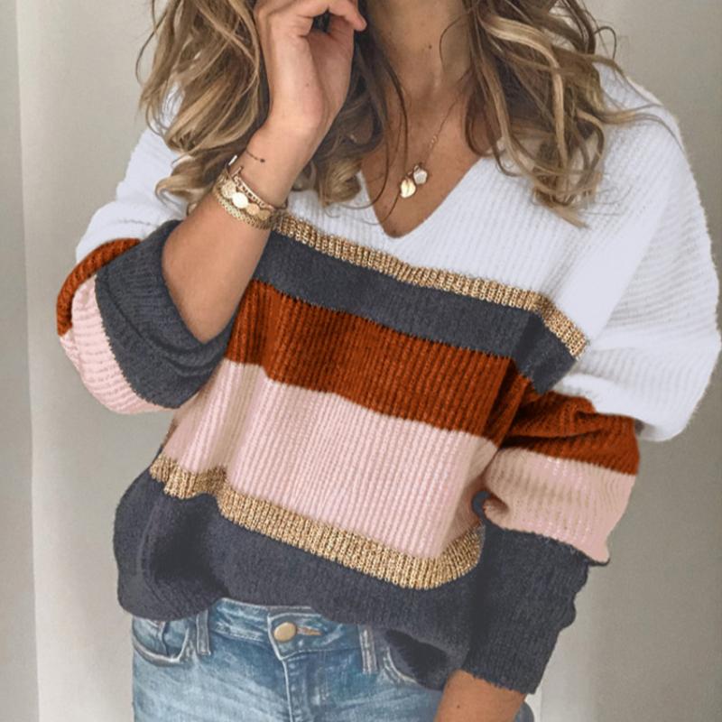 IHUASU Women's Autumn and Winter Striped Knit V-Neck Pullover Sweater