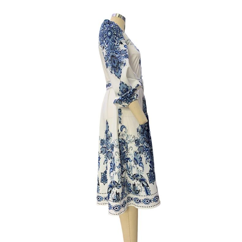 GMXIA Women's Fashion Spring Autumn Bohemia Print Long Sleeve V-Neck High Waist Casual Dresses