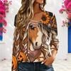 Women Plus Size V Neck Long Sleeve Halloween Printed Eyelet Chain Lace Up Top