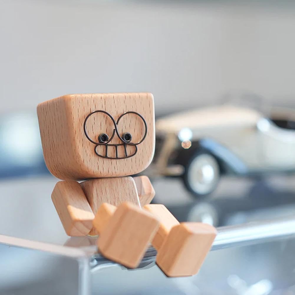 Shaking Wooden Man Figure,Charming Small Wooden Figure Swinging With 12 Magnetic Expressions,Handmade Action Figure As Car Ornament,Funny Shaking