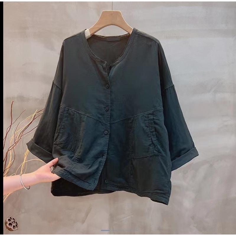Giacca da Donna a Doppio Strato in Cotone Girocollo - Primavera Artistica Versatile Vestibilità Larga Casual Monocolore Manica Lunga