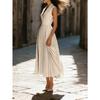 Damen Sommer Beige Ärmellos Revers Falten Midi Freizeitkleid