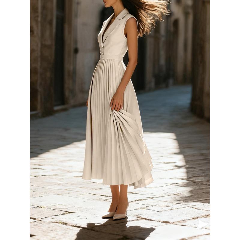 

Женское летнее бежевое платье-блейзер без рукавов с воротником, плиссированное, миди, повседневное S абрикосовый