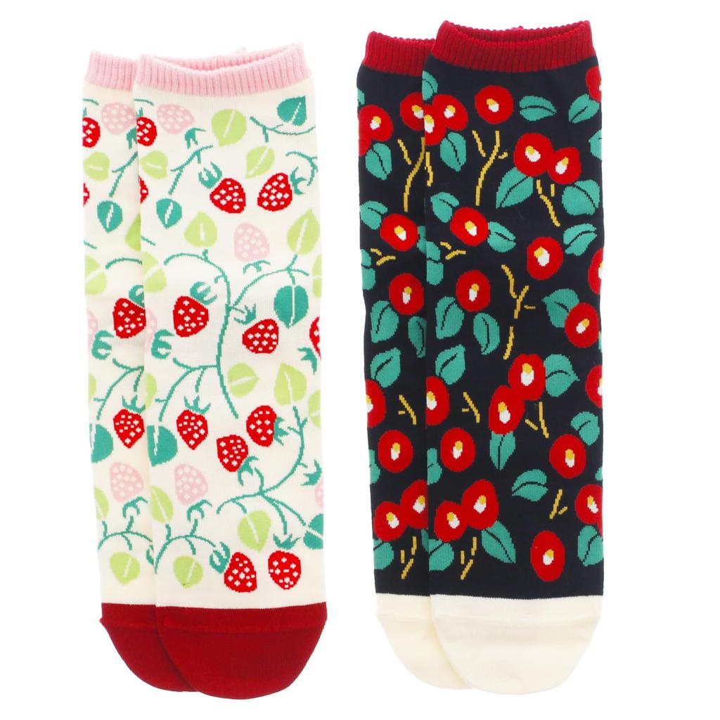 Kyosuke Crew Smooth Sizes Set of 2 Pairs Socks, Socks, Camellia/Strawberry, Black, Pink, 23-25cm,