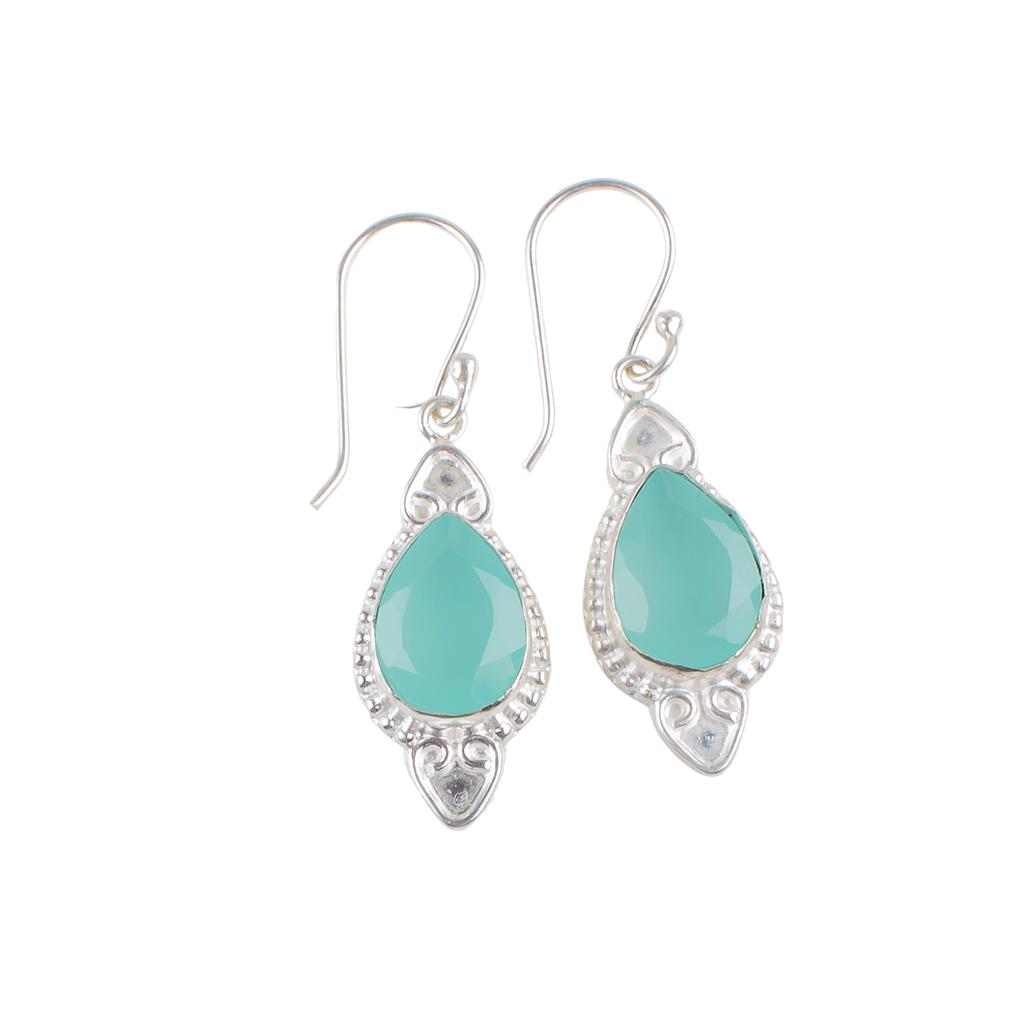 Aqua Chalcedony Gemstone 925 Solid Silver Jewelry Handmade Women Earrings 1.80" EE-42-16