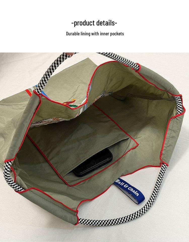 Large Capacity Women's Embroidered Foldable Tote & Crossbody Nylon Handbag
