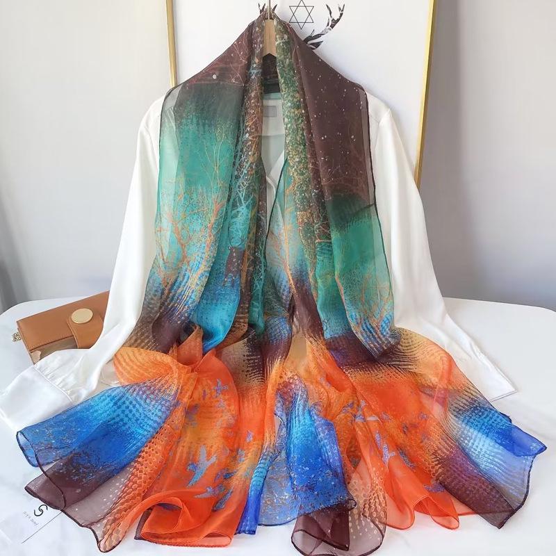 Classic Floral Silk Gauze Scarf - Versatile, Lightweight Sun Protection Shawl for Women, Ideal for Spring, Summer, and Autumn