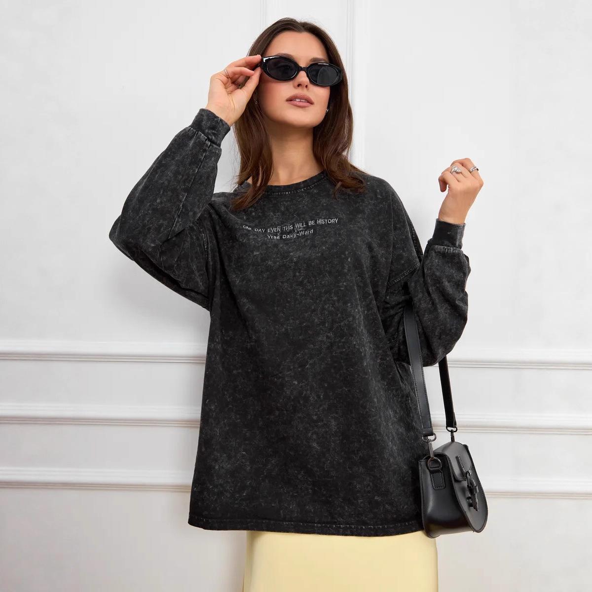 Old niche retro washed black autumn new European and American style thickened pure cotton bundle T-shirt new top M