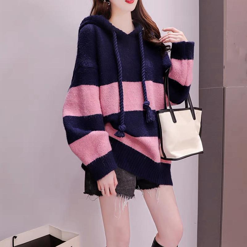 Loose Lazy Wind Hooded Sweater Women's New Autumn Loose Large Size Knitted Sweater Medium and Long Coat
