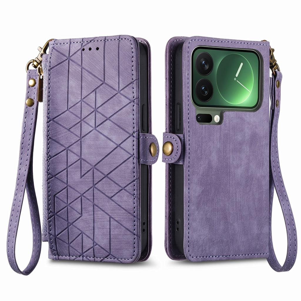 For Xiaomi 17 Pro Max Case Zipper Wallet Geometry Lines Leather Phone Cover with Strap