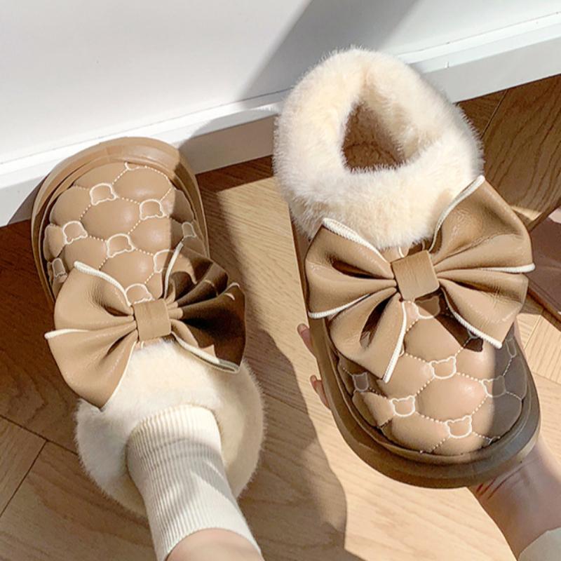 Butterfly knot cotton slippers with plush insulation for autumn and winter, thick soled anti slip cotton shoes