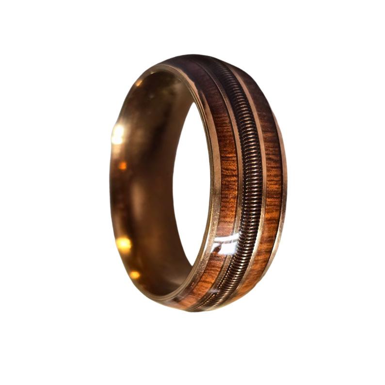 Men's Wide Band Ring With Whiskey Barrel Wood And Guitar String Inlay Unique Wooden Jewelry