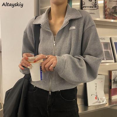 Jaquetas cortadas femininas com zíper chique streetwear sólido solto meninas faculdade casacos femininos harajuku básico ins estudantes ulzzang