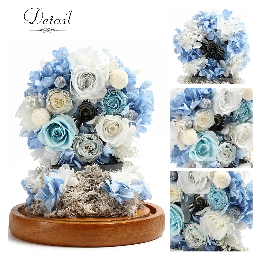 Teatsite Preserved Flowers, Flower Gift, Glass Dome Ferris Wheel (2 Blue Roses)