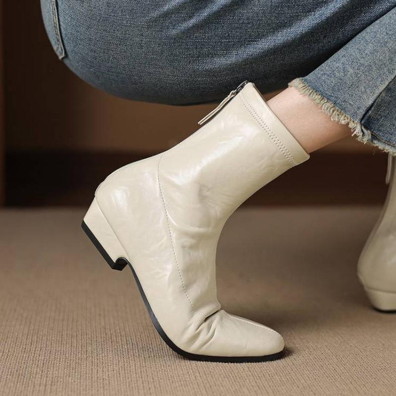 Autumn and winter solid color leather medium boots rear zipper middle heel square head beef tendon soft sole new women's large size fashion boots