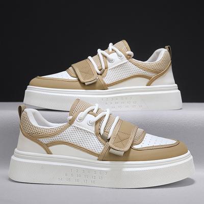 Men'S Thick-Soled Heightening Board Shoes, Leather Splicing Mesh Breathable Low-Top Sneakers, Men'S Shoes