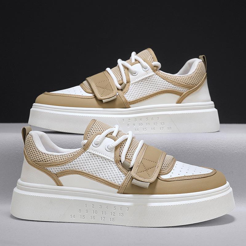 Men'S Thick-Soled Heightening Board Shoes, Leather Splicing Mesh Breathable Low-Top Sneakers, Men'S Shoes