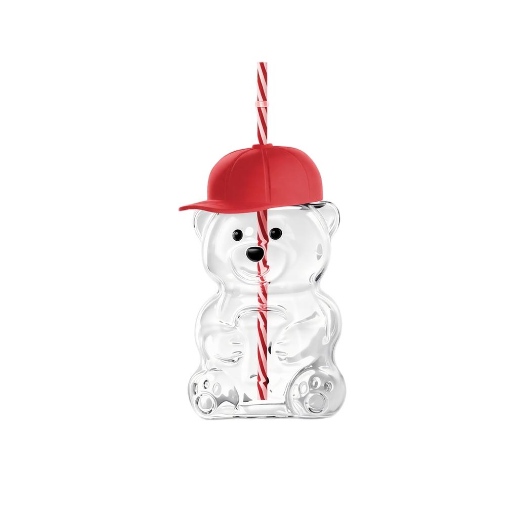 Bear Shaped Drinking Glass with Baseball Cap Lid and Reusable Straw BPA Free Plastic Cup for Kids and Adults Novelty Beverage Container