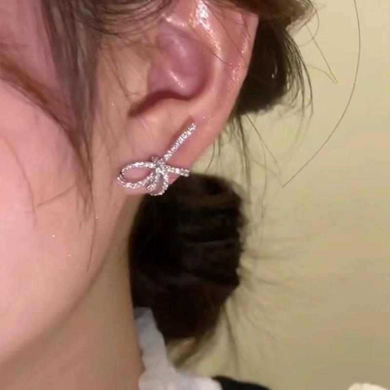 Zirconia Bow Diamond Silver Stud Earrings - High-End Fashionable & Unique Design