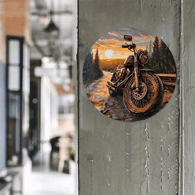 Round Sign Faux Wooden Carved Painted Circular Wreath Sign Entrance Decoration Men Gifts Motorcycle Themed Decoration for Church Front Door Wall
