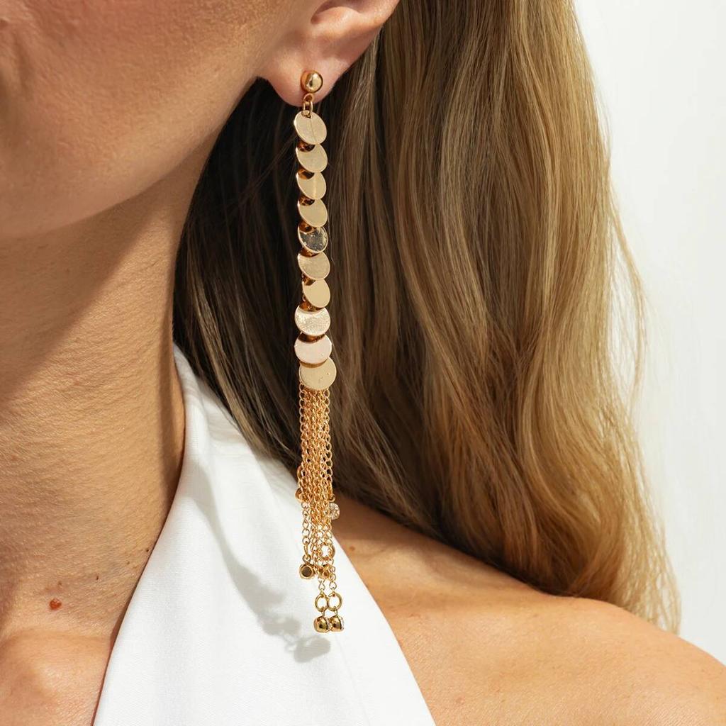 SHIXIN New Elegant Sequin Long Tassel Drop Earrings for Women Sexy Vintage Alloy Round Pendant Earrings Daily Wear Jewelry Gifts